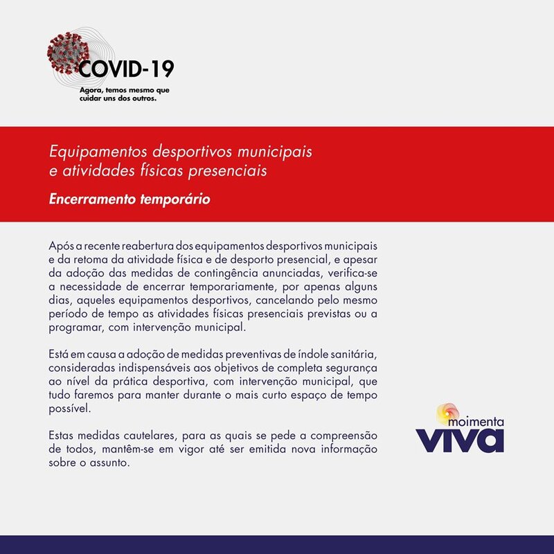 Equipamentos desportivos municipais e atividades f&iacute;sicas presenciais &ndash; Encerramento tempor&aacute;rio